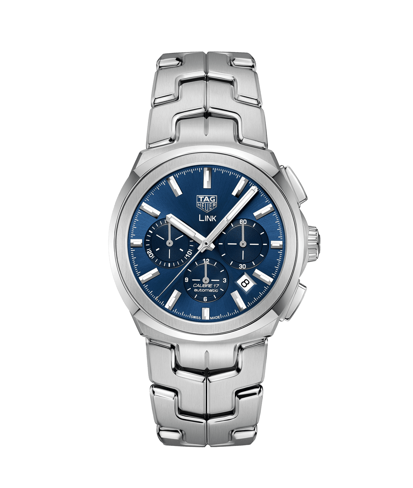 TAG HEUER LINK Automatik-Chronograph aus Edelstahl mit blauem Zifferblatt und S-förmigem Armband.