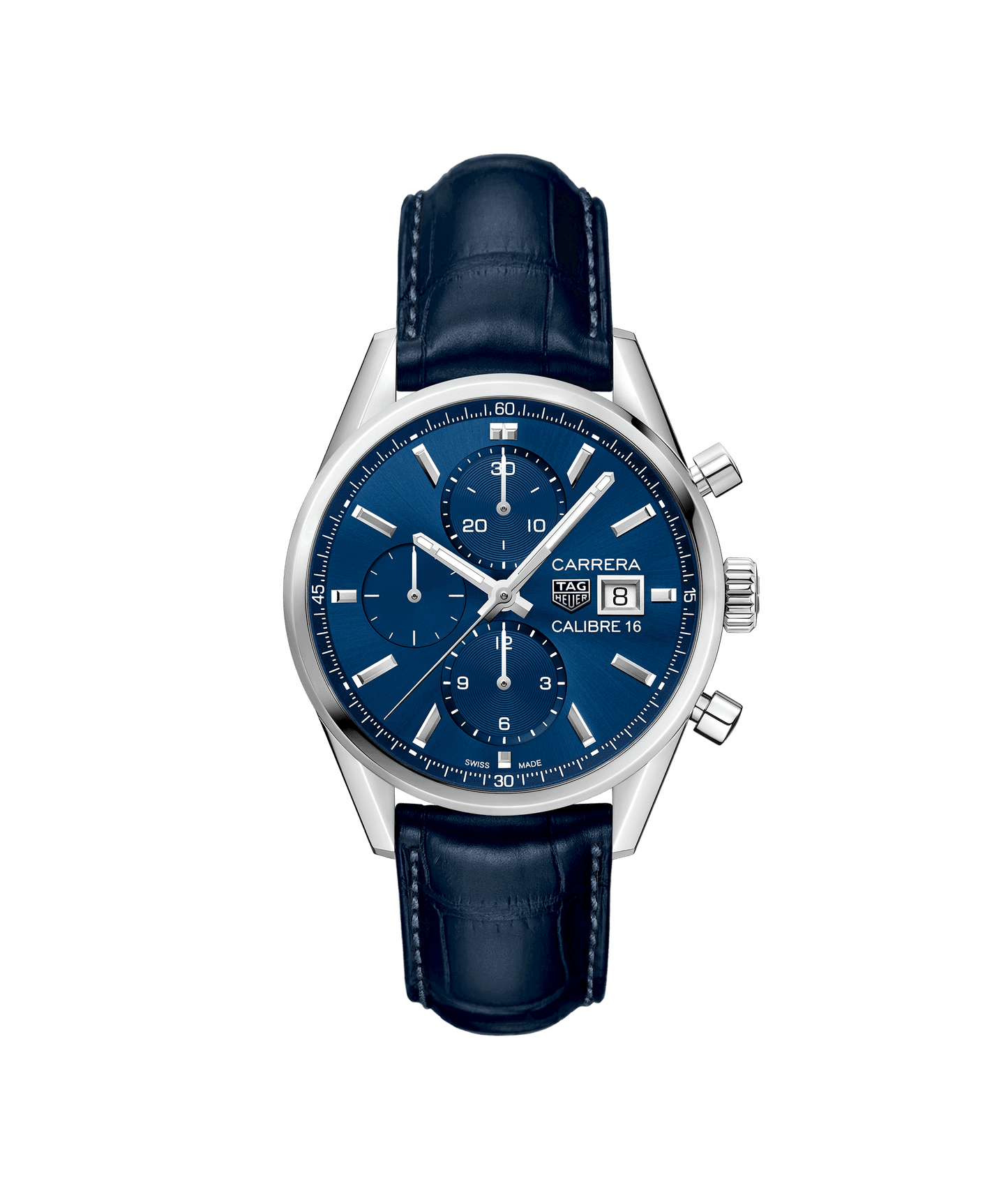 TAG HEUER CARRERA Automatik-Chronograph mit blauem Zifferblatt und Alligatorlederarmband.