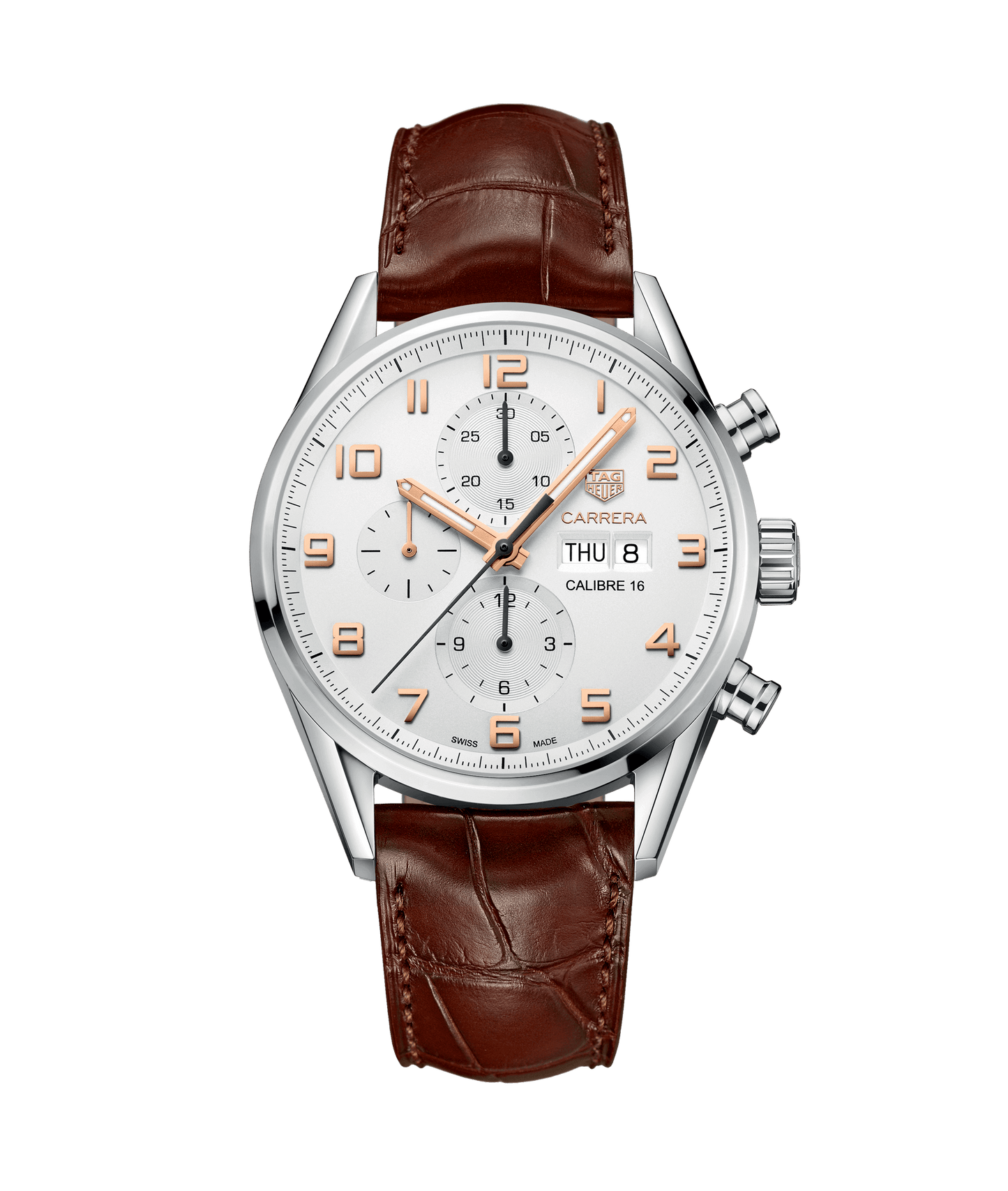 TAG HEUER CARRERA Automatik-Chronograph mit braunem Alligatorlederarmband und poliertem Edelstahlgehäuse.