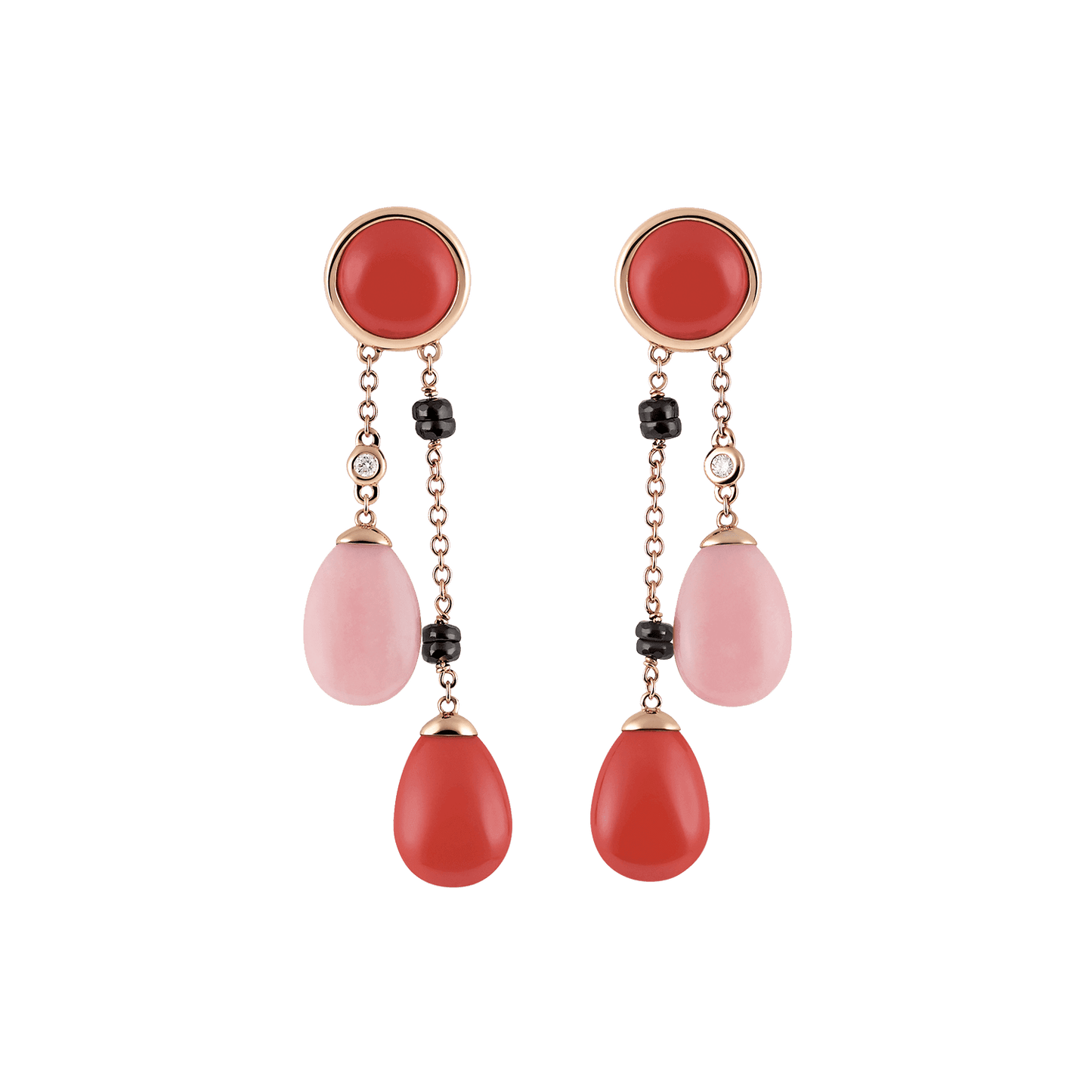 CANDY – Ohrring aus 750er Roségold mit Koralle, Chalzedon und schwarzen Saphiren.