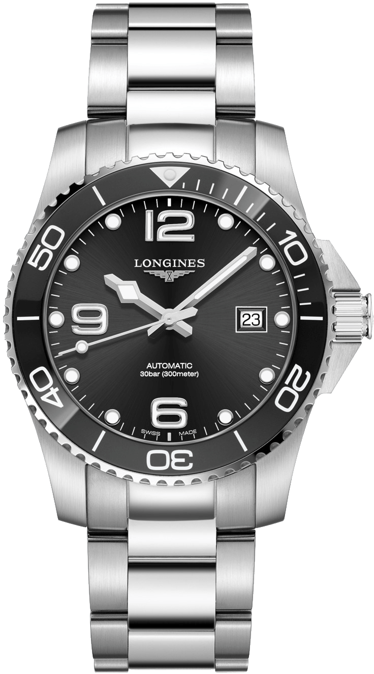 HYDROCONQUEST Uhr aus Edelstahl mit kratzfestem Saphirglas und Keramik, wasserdicht bis 30 bar.