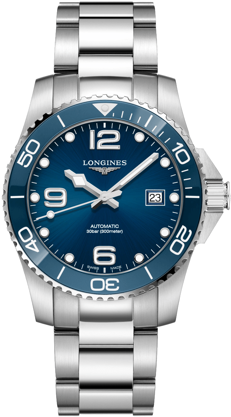 HYDROCONQUEST Uhr aus Edelstahl und Keramik, kratzfestes Saphirglas, wasserdicht bis 30 bar, mit mechanischem Uhrwerk und Automatikantrieb.