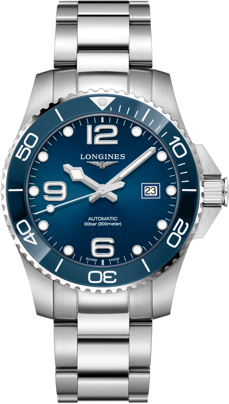 HYDROCONQUEST Uhr aus Edelstahl, kratzfestes Saphirglas, wasserdicht bis 30 bar, Kaliber L619/888, mechanisches Uhrwerk mit 64 Stunden Gangreserve.