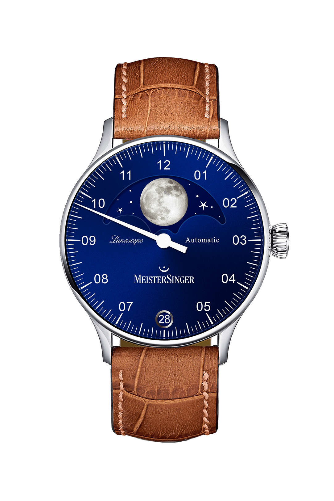 Lunascope Sonnenschliff Blau Uhr mit Mondphase, Edelstahlgehäuse, automatisches Uhrwerk ETA 2836-2, gewölbtes Saphirglas, braunes Lederarmband.