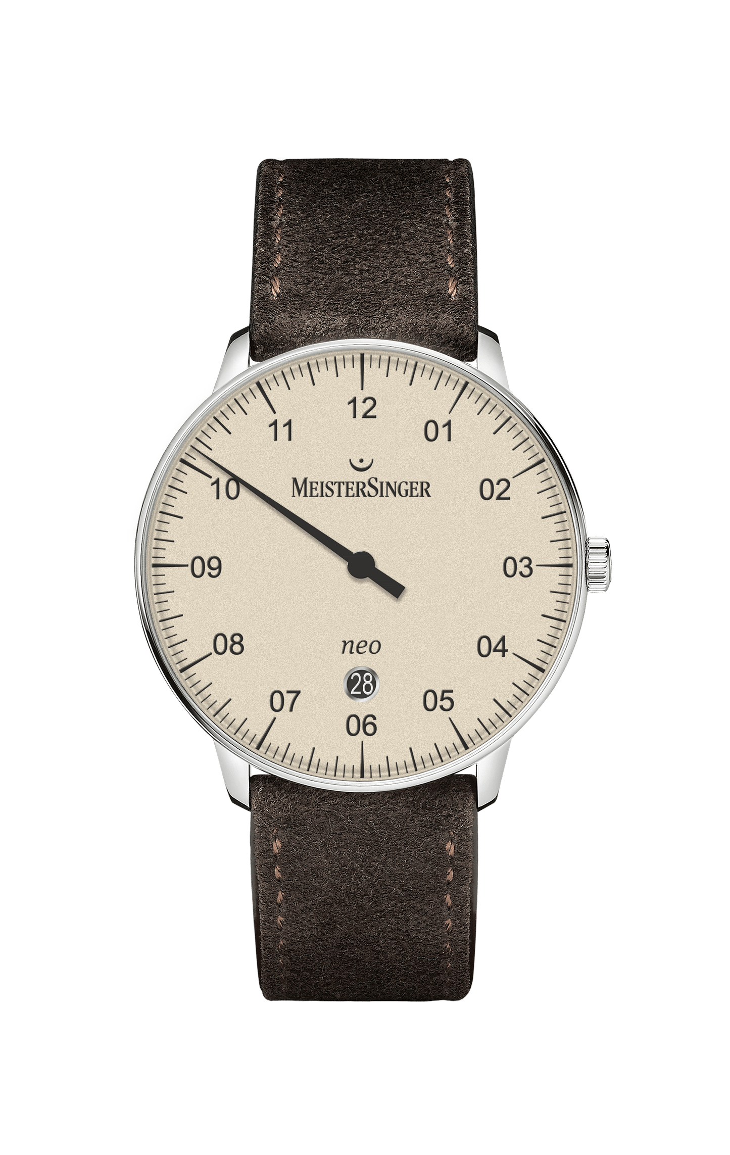 Neo Plus Elfenbein Armbanduhr mit Edelstahlgehäuse, elfenbeinfarbenem Zifferblatt und braunem Lederarmband.