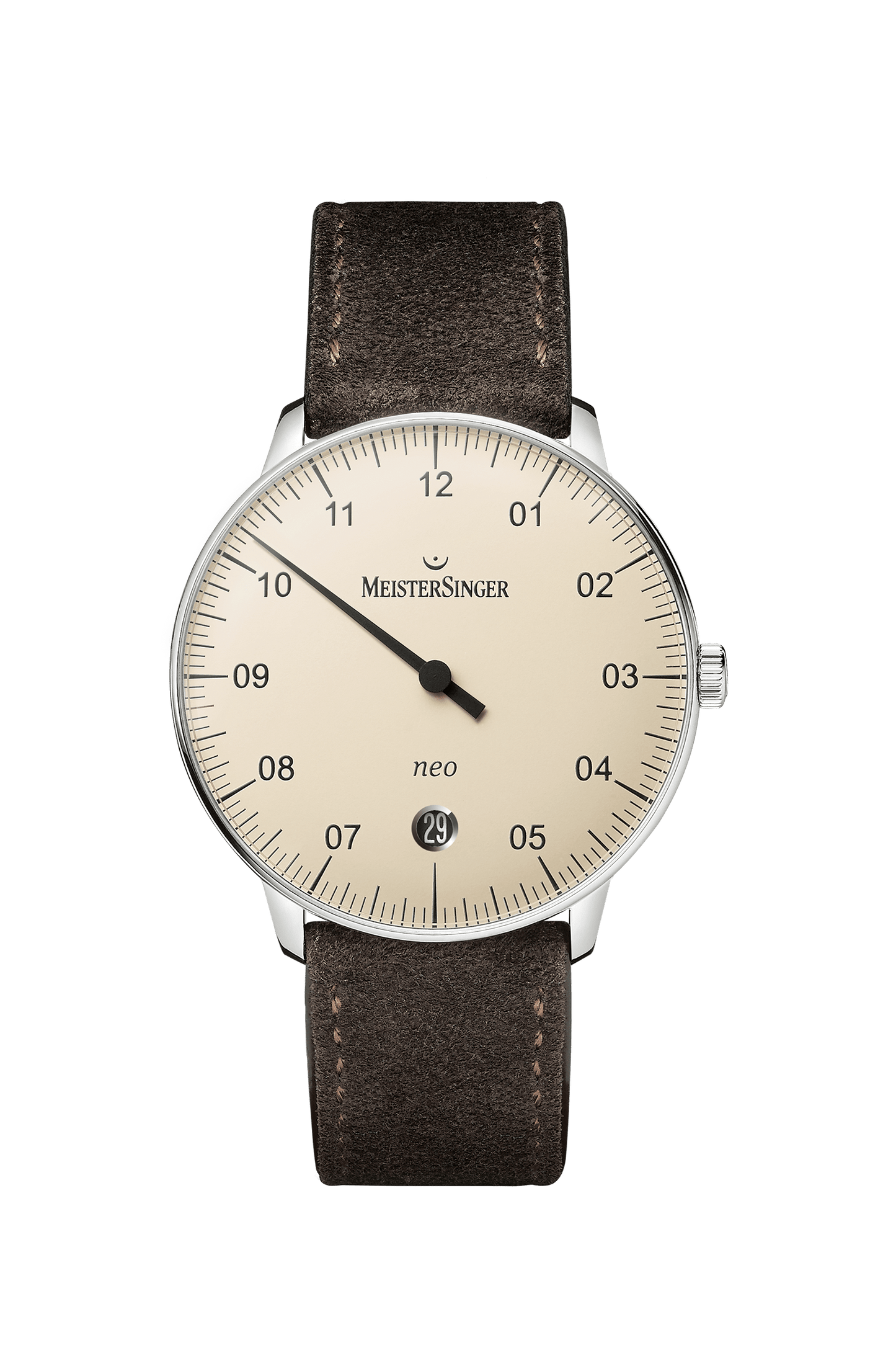Elegante Uhr 'Neo Elfenbein' mit Edelstahlgehäuse, gewölbtem Kunststoff-Hartglas und cremefarbenem Zifferblatt.