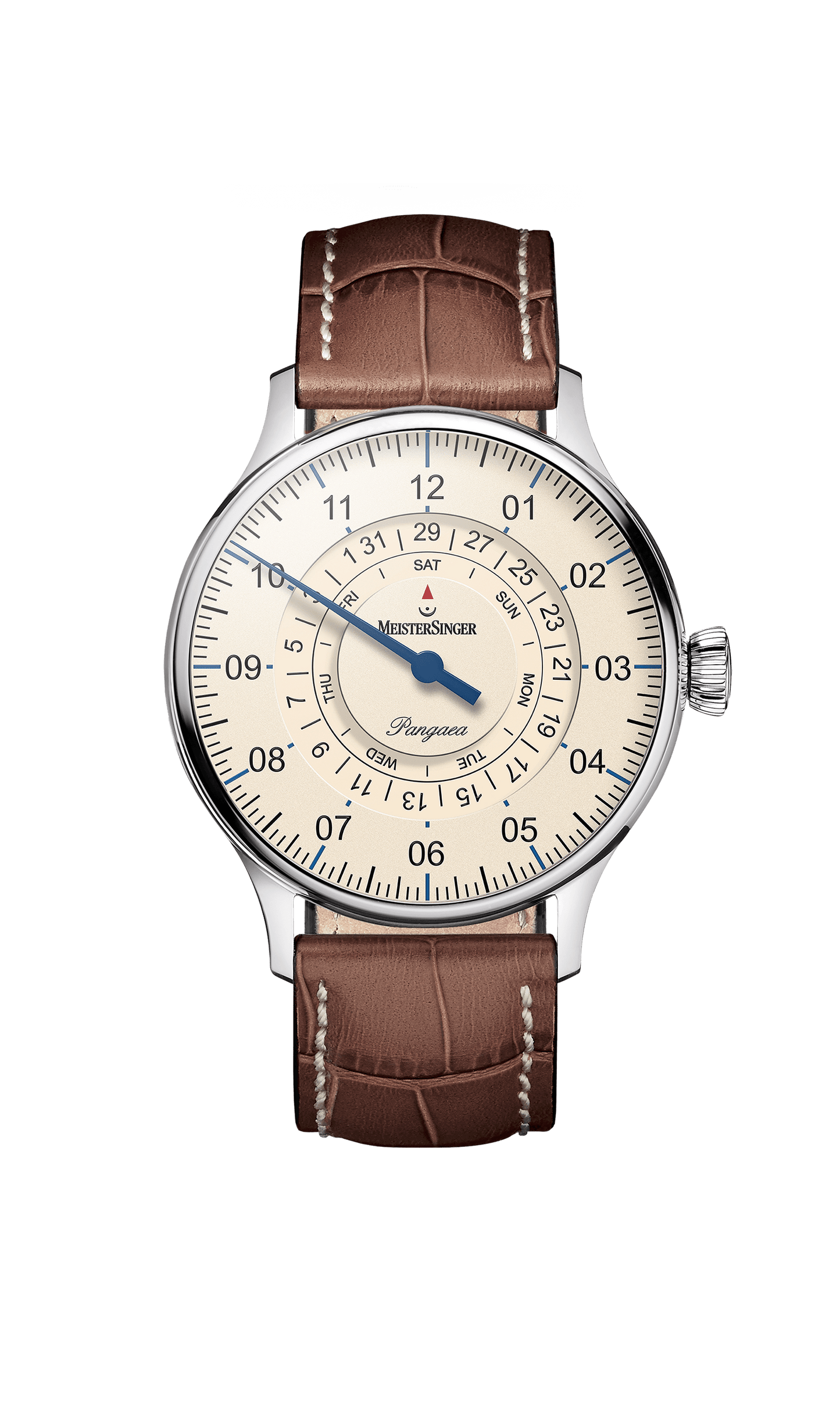 Pangaea Day Date Elfenbein Uhr mit Edelstahlgehäuse, braunem Lederarmband, Saphirglas und 40 mm Durchmesser.