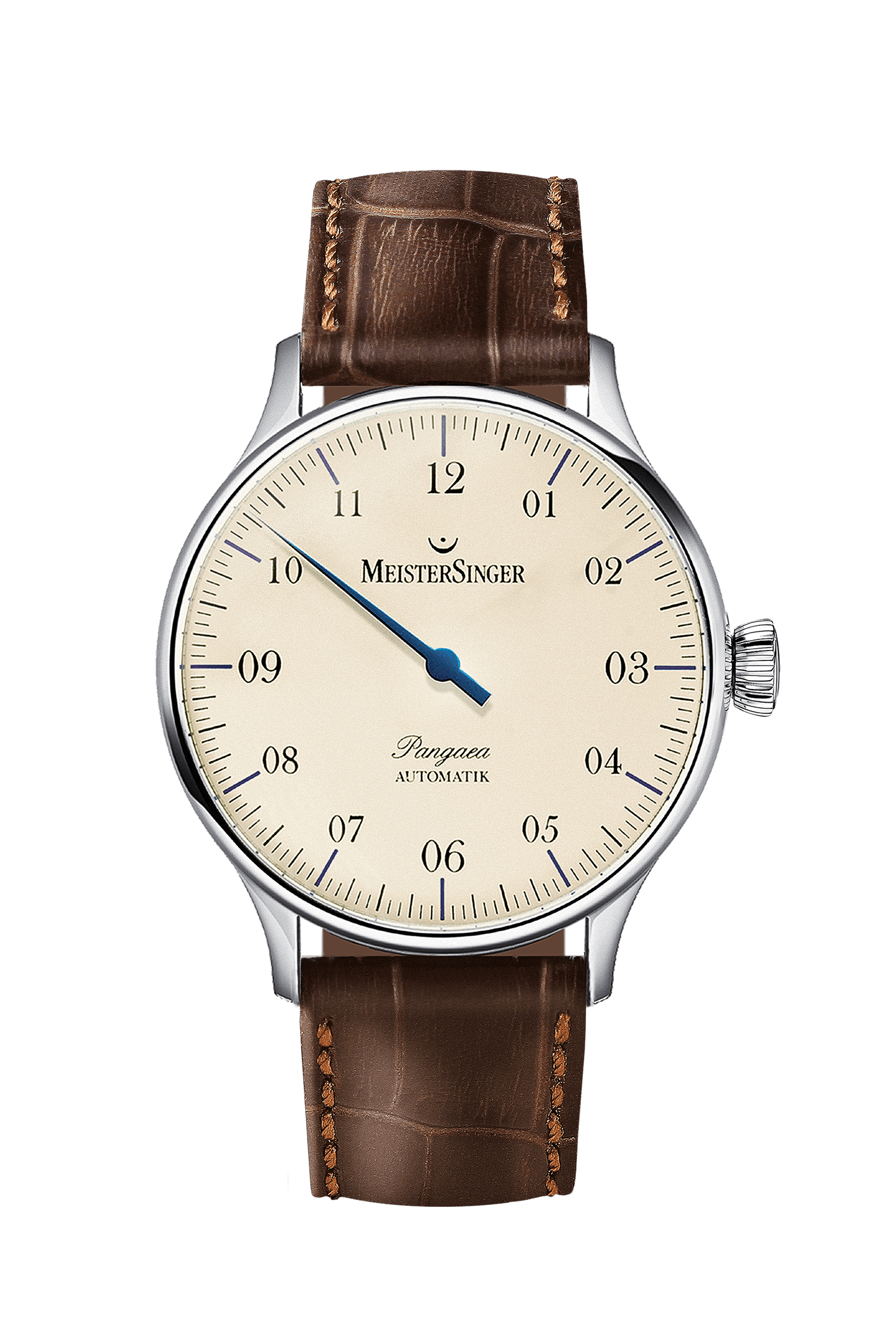 Pangaea Elfenbein Automatik-Armbanduhr mit Edelstahlgehäuse, gewölbtem Saphirglas und braunem Lederarmband.