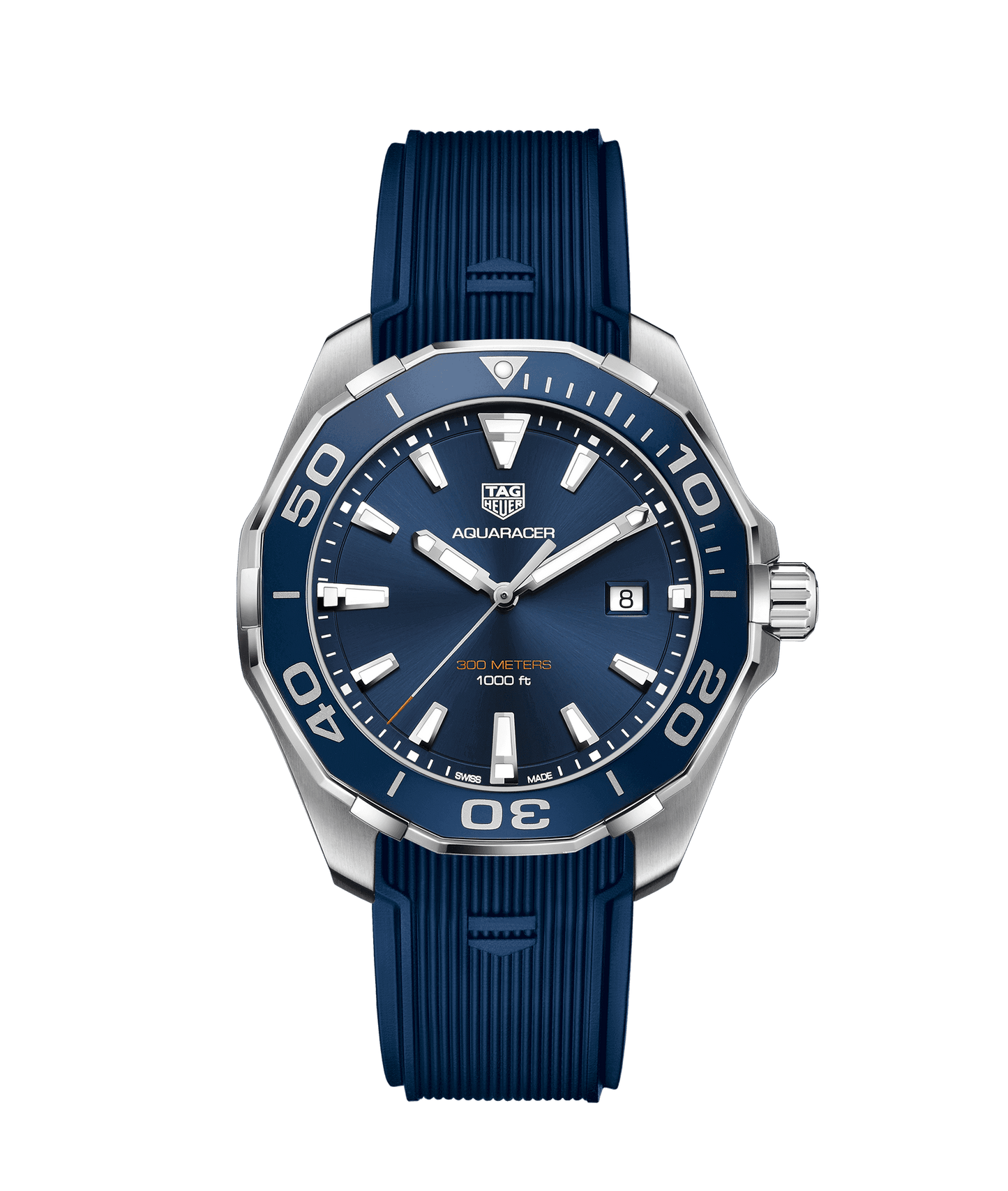 TAG HEUER AQUARACER Armbanduhr mit blauem Kautschukarmband und Edelstahlgehäuse, 43 mm.