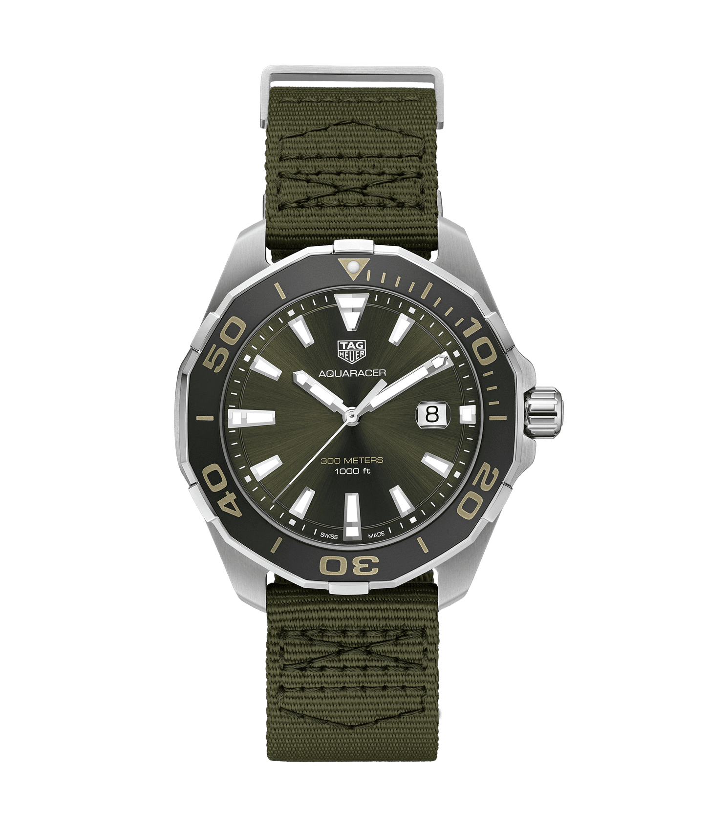 TAG HEUER AQUARACER Uhr mit Edelstahlgehäuse, khakifarbenem Textilarmband und einseitig drehbarer Lünette.