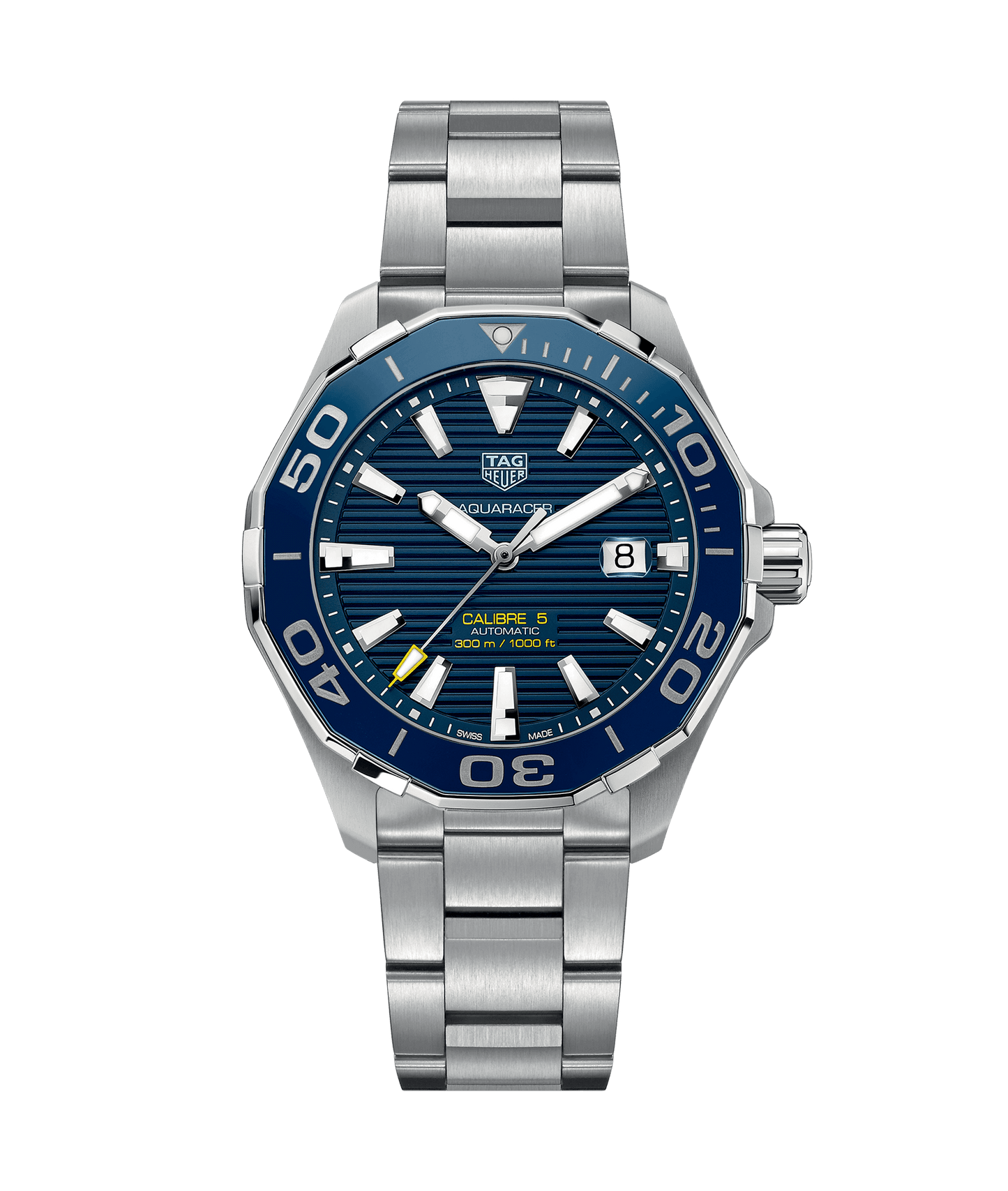 TAG HEUER AQUARACER Automatik-Uhr aus Edelstahl mit Keramiklünette und blauem Zifferblatt.