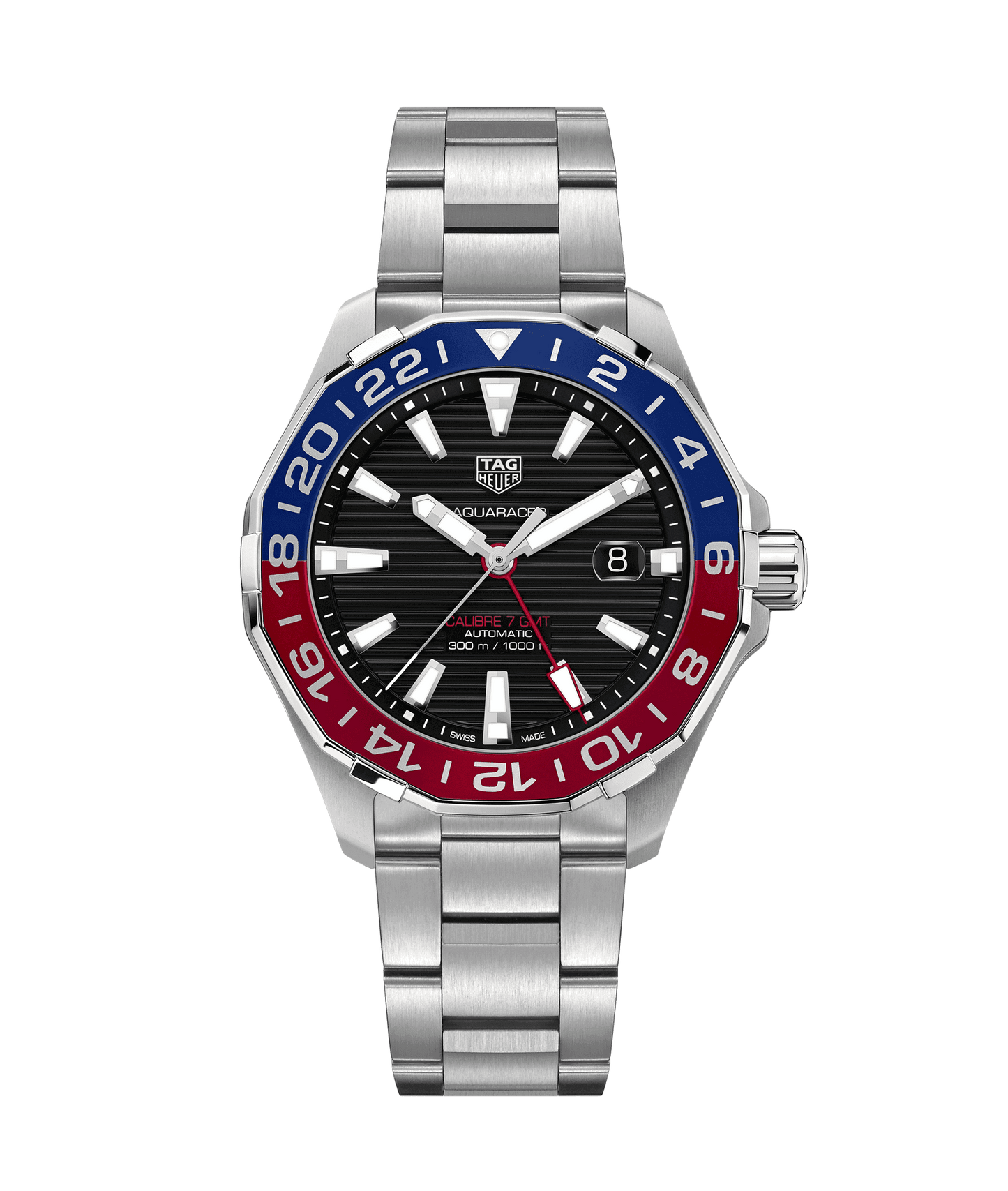 TAG HEUER AQUARACER GMT Automatikuhr aus Edelstahl mit zweifarbiger Lünette und Armband, 43 mm, wasserdicht bis 300 Meter.