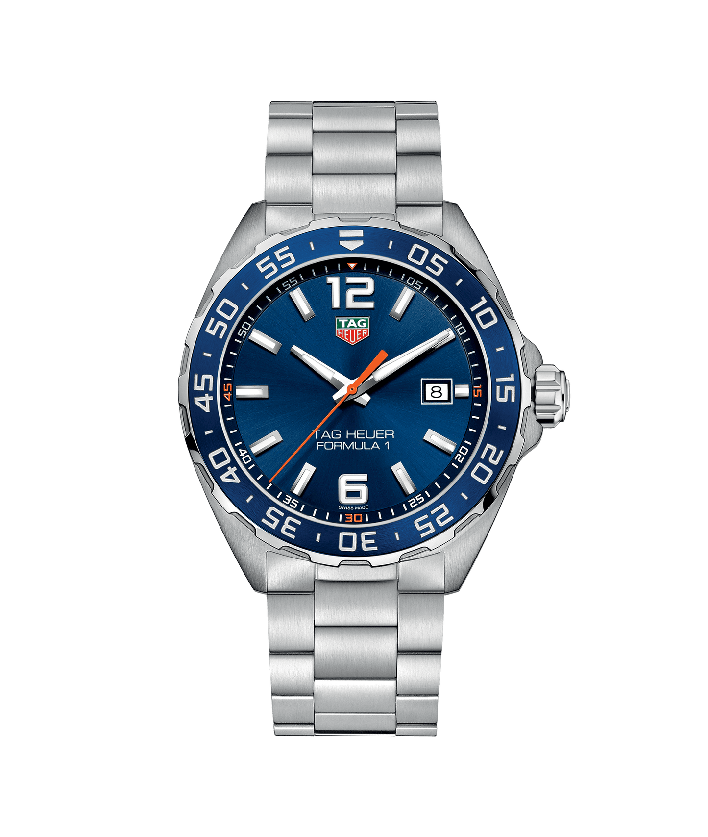 TAG HEUER FORMULA 1 Edelstahl Armbanduhr mit blauem Zifferblatt und einseitig drehbarer Lünette.