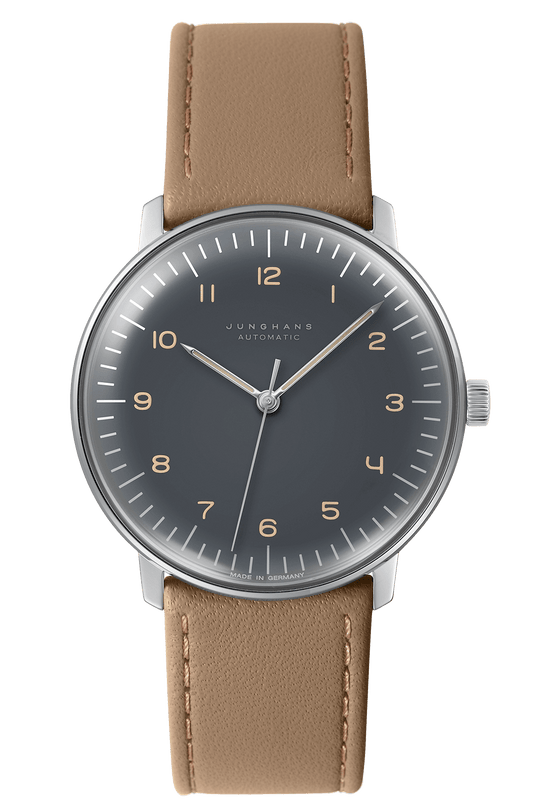 max bill Automatic Uhr aus Edelstahl mit Kalbslederband, Leuchtzeigern und kratzfestem Hartplexiglas.