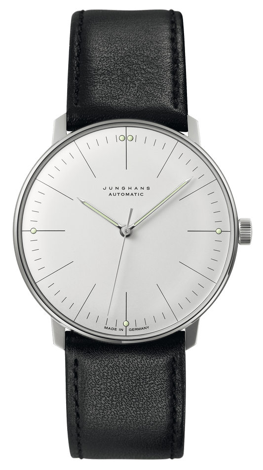 Max Bill Automatic Uhr mit Edelstahlgehäuse, Kalbslederband und kratzfestem gewölbtem Hartplexiglas.