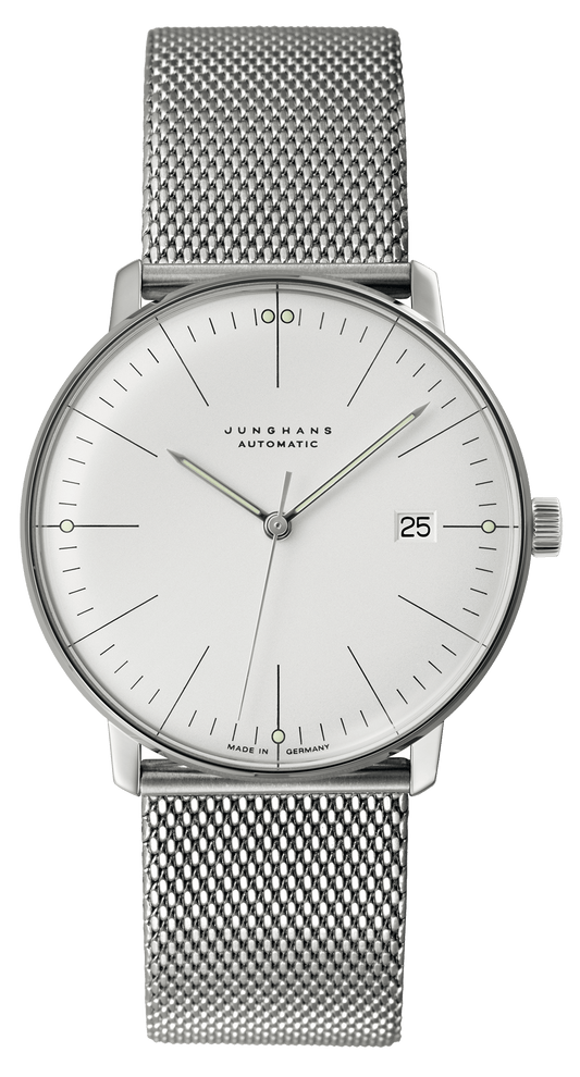 Automatikuhr max bill Automatic mit Edelstahlgehäuse und Milanaiseband.