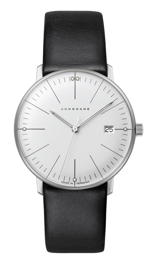 max bill Damen Uhr mit Quarzwerk, 32,7 mm Edelstahlgehäuse, Kratzfestes Hartplexiglas, schwarzes Kalbslederband.