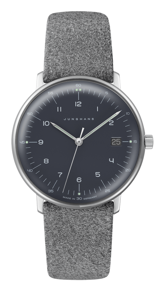 max bill Damenarmbanduhr mit Quarzwerk, Edelstahlgehäuse Ø 32,7 mm, gewölbtem Hartplexiglas, Lederband mit Filzstruktur, spritzwassergeschützt.