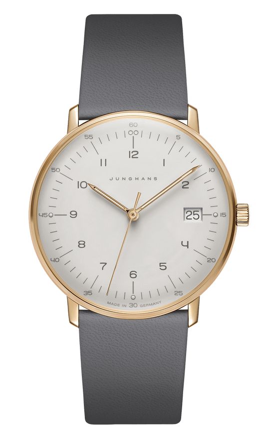 max bill Damen Armbanduhr mit Quarzwerk, Edelstahl PVD-Gehäuse, gewölbtem Hartplexiglas, Lederband und spritzwassergeschützt.
