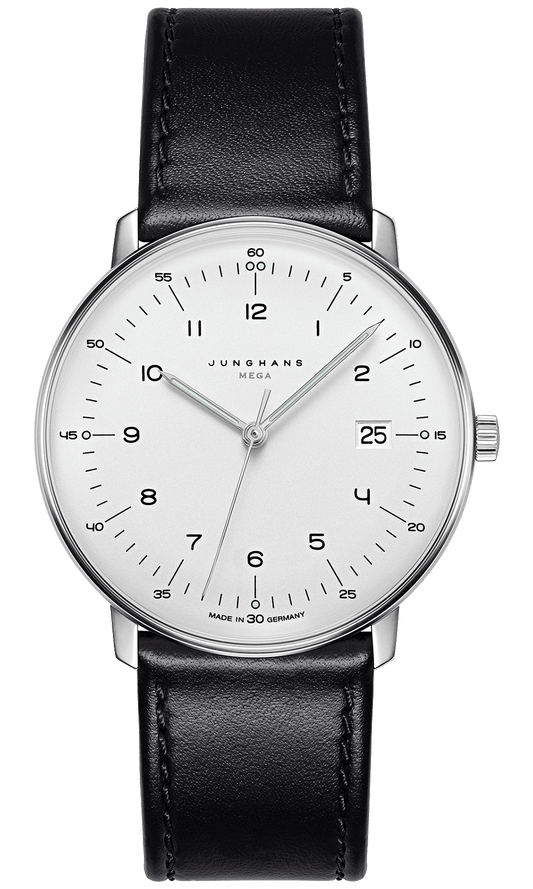 max bill MEGA Armbanduhr mit Edelstahlgehäuse, Kalbslederband und gewölbtem Hartplexiglas.