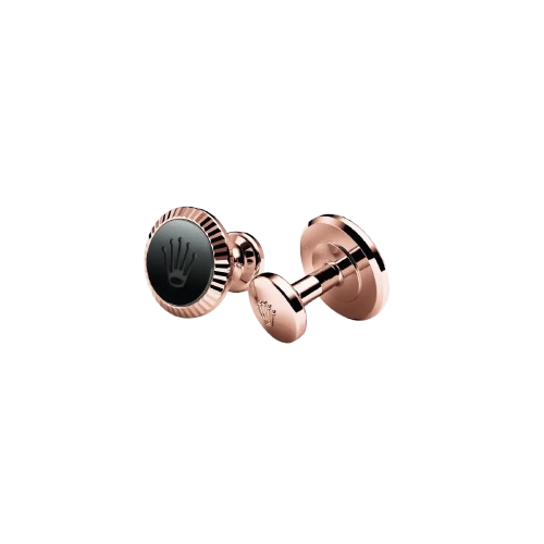 Rolex Manschettenknöpfe „Riffeldesign“ in Everose-Gold und Keramik, A1035 bei Juwelier Böckelmann